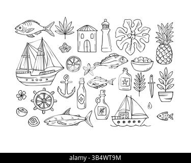 Ensemble de doodles de mer avec bateau et poisson Illustration de Vecteur