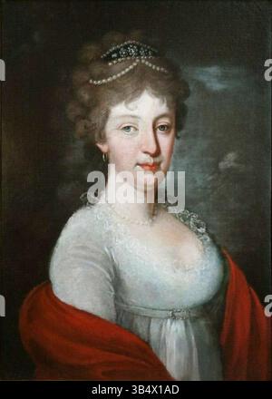 Ce portrait est une représentation présumée de Marie-Thérèse de Naples et de Sicile, épouse de François II, empereur du Saint-Empire romain germanique. L'identification est basée sur des comparaisons avec d'autres portraits connus, dont celui de Franz Joseph Pitschmann. L'œuvre date d'environ 1800, dans un style néoclassique. Banque D'Images