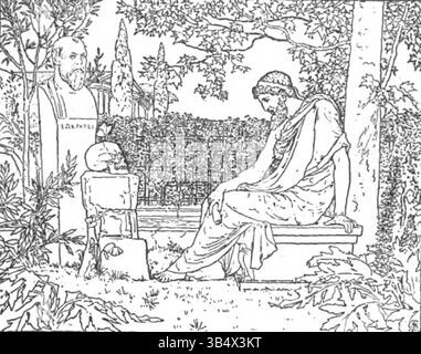 Une gravure de Walter Crane de 1894, illustrant Platon méditant sur l'immortalité devant la tombe de Socrate. La pièce symbolise la réflexion philosophique, utilisant des motifs comme un papillon et un crâne. Banque D'Images
