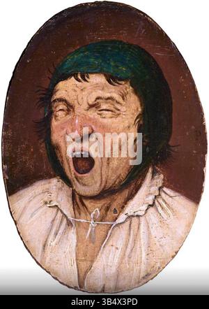 Cette peinture à l'huile, attribuée à Pieter Brueghel le jeune, représente une figure bâillante de manière satirique. Connue sous le nom de « The Yawner », la peinture met en valeur l'humour caractéristique de Brueghel et l'accent mis sur la folie humaine. Il a été créé après 1616, mettant en valeur le style distinctif de l’artiste. Banque D'Images