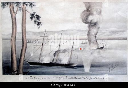 Une peinture de 1869 de Shingo Iwahashi représentant la bataille de Hakodate, où le navire de guerre impérial Chyo a été coulé par le feu du Banryu, un ancien navire de guerre Tokugawa. La scène montre un moment critique dans le conflit naval de la restauration de Meiji. Banque D'Images