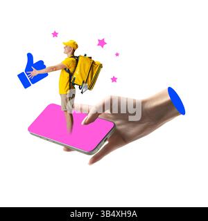 Livreur joyeux en uniforme jaune se tient sur la plate-forme de smartphone avec les bras ouverts et les étoiles flottantes. Évaluation du service de livraison Banque D'Images