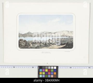 La lithographie de Frédéric Margueron capture une vue imprenable sur Genève et le Mont Blanc depuis le Château de Pregny au milieu du XIXe siècle, avec un focus sur le lac, le Mont Blanc et le paysage environnant. Cet imprimé coloré offre une scène historique vivante. Banque D'Images