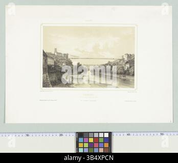 Cette lithographie représente une vue partielle de Fribourg, montrant le grand pont suspendu et la cathédrale Saint-Nicolas. L'image capture le côté sud-est de la ville. L'estampe a été tirée de la nature par Deroy, lithographiée par Lemercier, et publiée par divers distributeurs dont Gambart et Jeannin. Banque D'Images