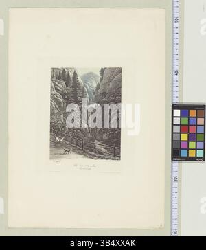 Cette estampe suisse de 1841 de Johann Ulrich Burri et Lukas Weber représente la « vue du pont du milieu dans la via Mala », mettant en vedette la rivière Hinterrhein et un voyageur dans la gorge spectaculaire de la via Mala. C'est une aquatinte avec des couleurs vives détaillant le paysage suisse. Banque D'Images