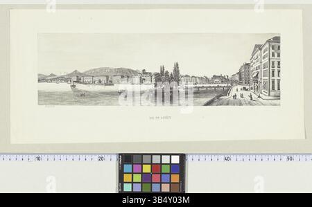 Cette lithographie du début du XIXe siècle offre une vue sur Genève, mettant en valeur son paysage nordique, les bateaux à vapeur sur le lac Léman et le paysage pittoresque du Mont-Blanc en toile de fond. L’impression détaillée capture la beauté sereine des caractéristiques naturelles et architecturales de la région. Banque D'Images