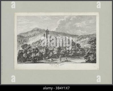 L'estampe du XVIIIe siècle de Jean Jacques François le Barbier montre le Château des Cléz dans la région vaudoise en Suisse. L'œuvre a été gravée par Jean-Baptiste Liébard et fait partie d'une série de paysages suisses. Banque D'Images