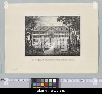 Cette lithographie de 1843 de Heinrich Triner, gravée par J. Fähnlein et lithographiée par Engelmann & Cie, présente une vue du Grand Institut de Hofwyl, en Suisse, vue depuis un bosquet voisin. L'estampe utilise la lithographie à la craie et les techniques d'aquarelle pour représenter les détails architecturaux de l'établissement d'enseignement. Banque D'Images