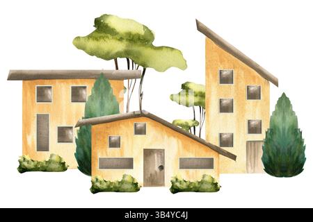 Cottage House composition avec le bâtiment minuscule jaune dans l'illustration aquarelle de verdure. Clipart de paysage de village de campagne dessiné à la main pour affiche, Banque D'Images