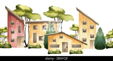 Maisons de cottage européennes avec des arbres aquarelle frontière sans couture. Bâtiments jaunes et rouges avec thuja et fond de buissons verts, clipar des villages d'été Banque D'Images