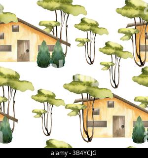 Chalet d'été modèle sans couture avec des maisons jaunes pastel et des arbres verts illustration aquarelle. Fond de bâtiment de village dessiné à la main, ho européen Banque D'Images