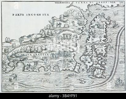 La carte Gastaldi de 1556, publiée par J. B. Ramusio, illustre la partie nord-est de l'Amérique du Nord, de New York au Labrador. C'est une carte historique qui donne un aperçu de la cartographie précoce de la région. Banque D'Images
