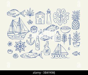 Ensemble de doodles de mer avec bateau et poisson bleu Illustration de Vecteur