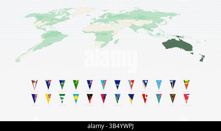 Ensemble complet de drapeaux de pays océaniens en format triangle vertical. Carte du monde vectorielle. Illustration de Vecteur