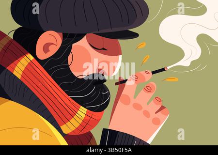 Illustration vectorielle colorée d'un homme avec une barbe, une casquette et une écharpe fumant une cigarette. Affiche de la fumée et des feuilles jaunes tombantes dans un style plat et moderne Illustration de Vecteur