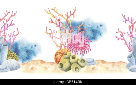 Motif de bordure horizontale sans couture à l'aquarelle avec coraux roses, anémone de mer, éponges, pierres et sable. Parfait pour les designs d'été, l'emballage, le textile Banque D'Images