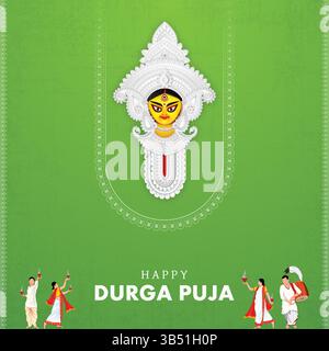 Affiche Durga Puja | carte de voeux du festival avec illustrations culturelles sur vert. Joyeuse Durga Puja Illustration de Vecteur