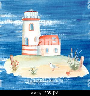 Phare aquarelle sur une illustration d'île isolée sur blanc. Clip art peint à la main idéal pour les cartes, bannières, publicités, affiches, guides Banque D'Images