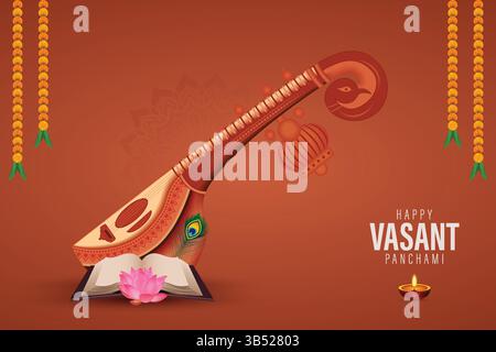 Bannière Vasant Panchami | avec Swan, Veena, Books et Lotus représentant la sagesse, Happy Vasant Panchami Illustration de Vecteur
