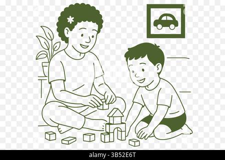 Illustration au trait de frères et sœurs jouant ensemble avec des blocs de construction sur le sol scène familiale minimaliste Illustration de Vecteur