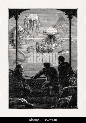 Illustration d'Alphonse de Neuville représentant le professeur Aronnax, Conseil et Ned Land observant des créatures des grands fonds marins à travers la grande fenêtre du salon Banque D'Images