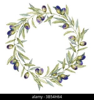 Une couronne de branches d'olivier vertes avec des olives violettes. Illustration aquarelle. Dessiné à la main. Isolé sur fond blanc. Pour invitations, étiquettes, voiture Banque D'Images