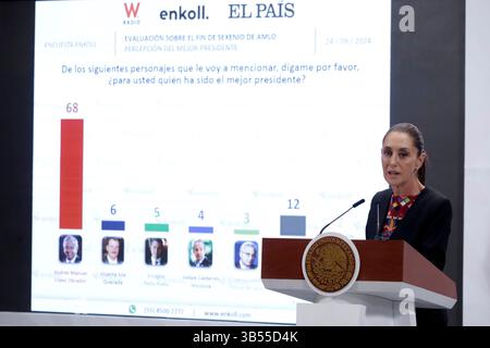 Mexico, Mexique. 01 mai 2025. La présidente du Mexique, Claudia Sheinbaum Pardo, parle lors d'une conférence d'information sur le Fonds bancaire pour la protection de l'épargne (Fobaproa) au Palais National. Le 1er mars 2025 à Mexico, Mexique. (Photo de Luis Barron/Eyepix Group/Sipa USA) crédit : Sipa USA/Alamy Live News Banque D'Images