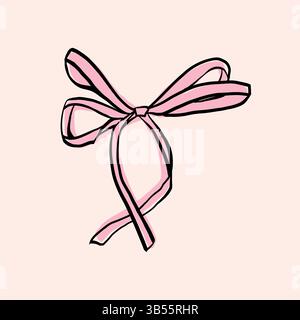 Ruban Bow dans les couleurs noir et rose. Esquisser des croquis décoratifs arc de vacances pour cadeaux, surprise, ou décoration de cheveux. Illustration vectorielle dessinée à la main d'art au trait pour Noël, Saint-Valentin, cartes d'anniversaire, invitations. Illustration de Vecteur