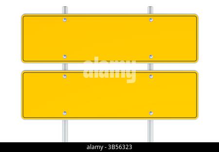 Panneaux de signalisation jaunes vierges. Panneaux de signalisation routière à double rectangle panneaux de signalisation routière. Gabarit, maquette, vue de face. Rendu 3D isolé sur fond blanc Banque D'Images