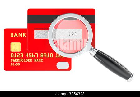 Gros plan du code de sécurité au dos de la carte bancaire de crédit avec loupe. Carte de crédit avec loupe, rendu 3D isolé sur fond blanc Banque D'Images