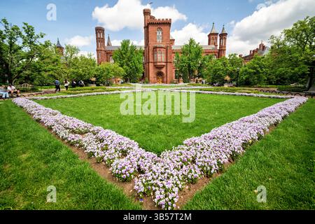 WASHINGTON DC — le jardin de parterre dans le jardin Enid A. Haupt présente des fleurs ornementales méticuleusement disposées dans des motifs géométriques avec le château historique de Smithsonian en arrière-plan. Ce jardin sur le toit de 4,2 hectares, situé entre le château et Independence Avenue, présente des motifs formels d'inspiration victorienne, y compris des diamants, des fleurs de lis et des pétoncles qui sont replantés deux fois par an. Le jardin a ouvert en 1987 dans le cadre du quadrilatère du château redessiné et se trouve au-dessus du musée national d'art africain, de la galerie Arthur M. Sackler et du centre S. Dillon Ripley. Banque D'Images