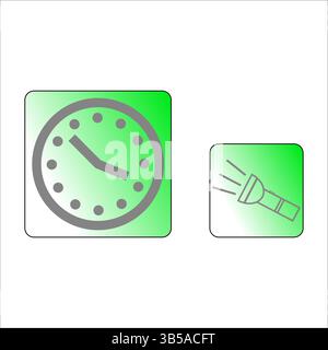 Icône d'horloge. Forme vectorielle de lampe de poche. Symbole carré vert. Temps et lumière. Illustration de Vecteur