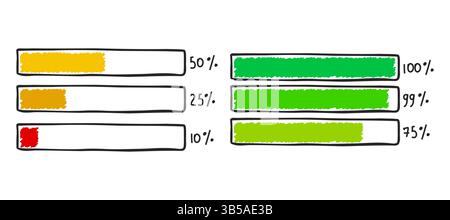 Barre de chargement de progression — élément infographique dessiné à la main indiquant l'état d'achèvement. Illustration vectorielle isolée sur fond blanc. Convient pour UI, nous Illustration de Vecteur