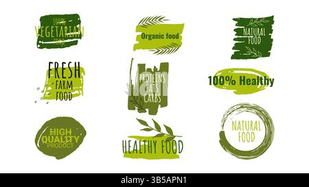Étiquettes d'aliments sains badges logos autocollants Eco. Pour le marché agricole éco-alimentaire menu végétarien paquet alimentaire. Conception respectueuse de l'environnement. Nourriture biologique, végétalien, ferme fraîche, produit naturel. Illustration vectorielle. Illustration de Vecteur