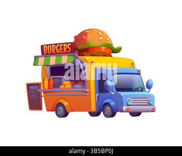Camion de nourriture de burger de bande dessinée, food truck de rue de festival vintage. Véhicule de restauration rapide américain Vector avec hamburger géant sur son toit, grill à l'intérieur et cou Illustration de Vecteur