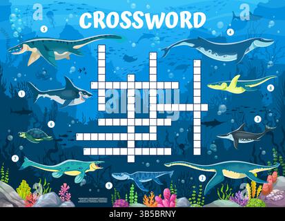 Grille de jeu de quiz de mots croisés avec des dinosaures sous-marins préhistoriques et des reptiles. Feuille de travail vectorielle du jeu de puzzle de mots d'animaux Dino de mer éteints. Mignon carto Illustration de Vecteur