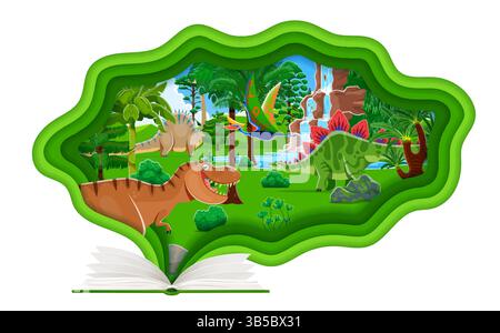 Livre ouvert avec le paysage de personnages de dinosaures préhistoriques coupé en papier au fond de vecteur de forêt de jungle. Dessin animé tyrannosaurus rex, diplodocus, quetza Illustration de Vecteur