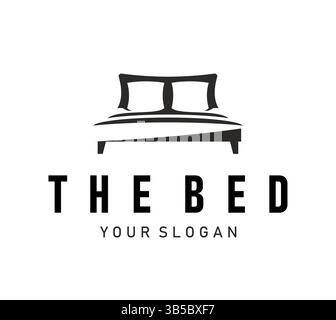 Icône du lit, emblème minimaliste monochrome avec lit double king size et deux oreillers. Étiquette de vecteur noir et blanc pour chambre à coucher, meubles, ou hospit Illustration de Vecteur