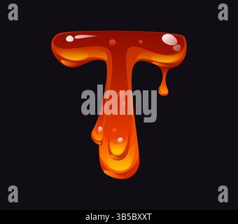 Lettre de police de dessin animé de miel fluide T. élément de dessin animé de bonbons savoureux, vecteur de caramel liquide lettre de police ABC. Signe de type miel doux ou jaune ambre flux en Illustration de Vecteur