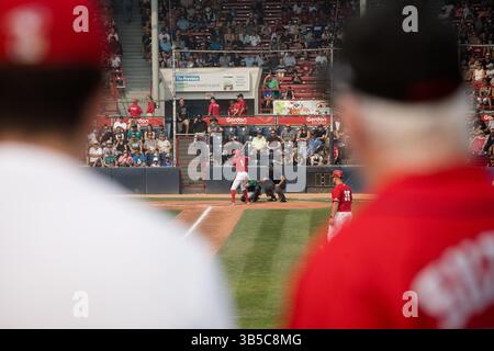 Le 11 septembre 2022, Vancouver, Colombie-Britannique, Canada : les fans regardent Glenn Santiago des Canadiens de Vancouver se tenir dans la boîte des batteurs lors du dernier match à domicile de la saison régulière contre les Emeralds d’Eugene au stade Nat Bailey de Vancouver, en Colombie-Britannique. (Crédit image : © Ryan Walter Wagner/ZUMA Press Wire) Banque D'Images