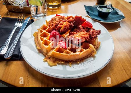 Poulet frit doré et croustillant empilé sur une gaufre moelleuse, garni de fraises fraîches. Servi sur une assiette blanche avec un côté de sirop, attrapant le soleil chaud Banque D'Images