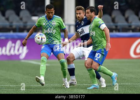 14 juin 2022 : Leo Chu, attaquant des Seattle Sounders, avec le ballon lors du match de soccer de la MLS entre les Vancouver Whitecaps FC et Seattle Sounders FC au Lumen Field à Seattle, WA. Seattle a battu Vancouver 4-0. Steve Faber/CSM (crédit image : © Steve Faber/CSM via ZUMA Press Wire) Banque D'Images