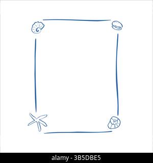 Cadre de mer rectangulaire avec des doodles marins dessinés à la main mignons et des créatures sous-marines sur fond bleu clair Illustration de Vecteur