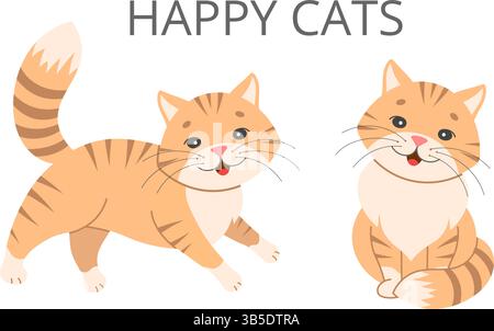 Deux chats de bande dessinée heureux mignons avec des expressions heureuses. Parfait pour animaux de compagnie, animaux, vétérinaires ou dessins ludiques. Illustration de Vecteur