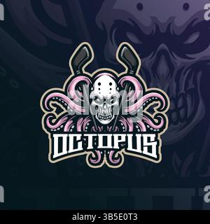 vecteur de conception de logo de mascotte octopus avec style de concept d'illustration moderne pour l'impression de badge, d'emblème et de t-shirt. illustration de hockey de poulpe avec bâton. Illustration de Vecteur