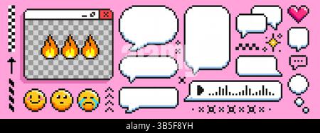 Ensemble de bulles de discours de pixel - formes de boîte de chat de style rétro 8 bits et icônes d'émoticône sur rose. Boîtes de texte carrées, bulles rondes, flammes de feu, étincelles et cœurs. Éléments d'interface nostalgiques mignons des années 90 Illustration de Vecteur
