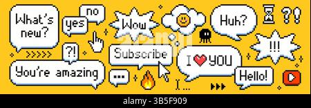 Ensemble de bulles de discours pixel avec des phrases rétro - boîtes de chat de style 8 bits avec de l'argot internet old School. Nuages de message excentriques et émoticônes sur fond jaune vif. Éléments graphiques nostalgiques des années 90. Illustration de Vecteur