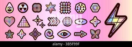 Autocollants hologramme rétro ensemble isolé sur fond. Illustration réaliste vectorielle des étiquettes de gradient argenté rond, carré, triangle, étoile, forme de foudre avec des icônes, timbres de garantie de qualité y2k Illustration de Vecteur