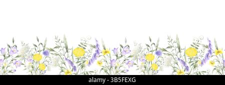 Fleurs sauvages chellflower, pissenlit, yarrow, pois de souris et herbes de prairie. Aquarelle isolée dessinée à la main bordure sans couture de fleur de champ de lilas jaune H Banque D'Images