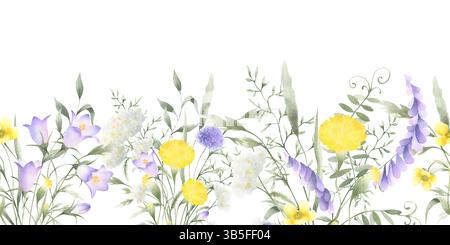 Fleurs sauvages chellflower, pissenlit, yarrow, pois de souris et herbes de prairie. Aquarelle isolée dessinée à la main bordure sans couture de fleur de champ de lilas jaune H Banque D'Images